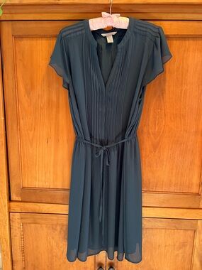 H&M Dark Teal Pleated Midi Dress with Tie Waist